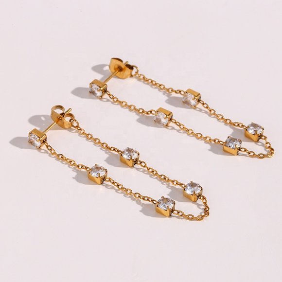 18K Gold Plated Chic Geometric Zircon Chain Drop Earrings Stainless Steel - Picture 1 of 9